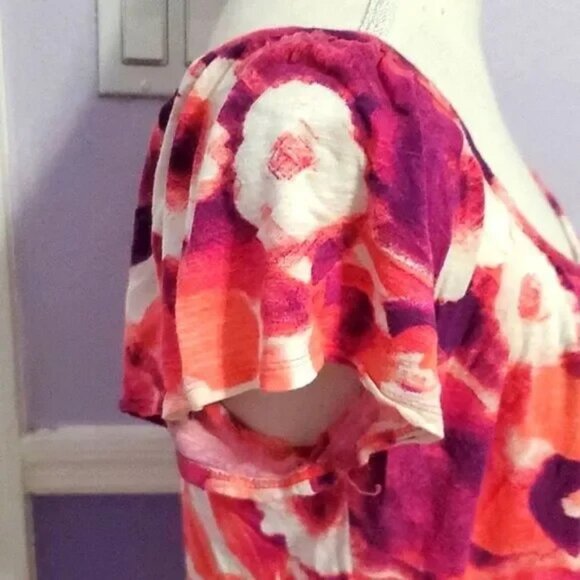 Simply Vera Colorful Orange Fuchsia Floral Flutter Sleeves Summer Casual Top - Picture 4 of 6